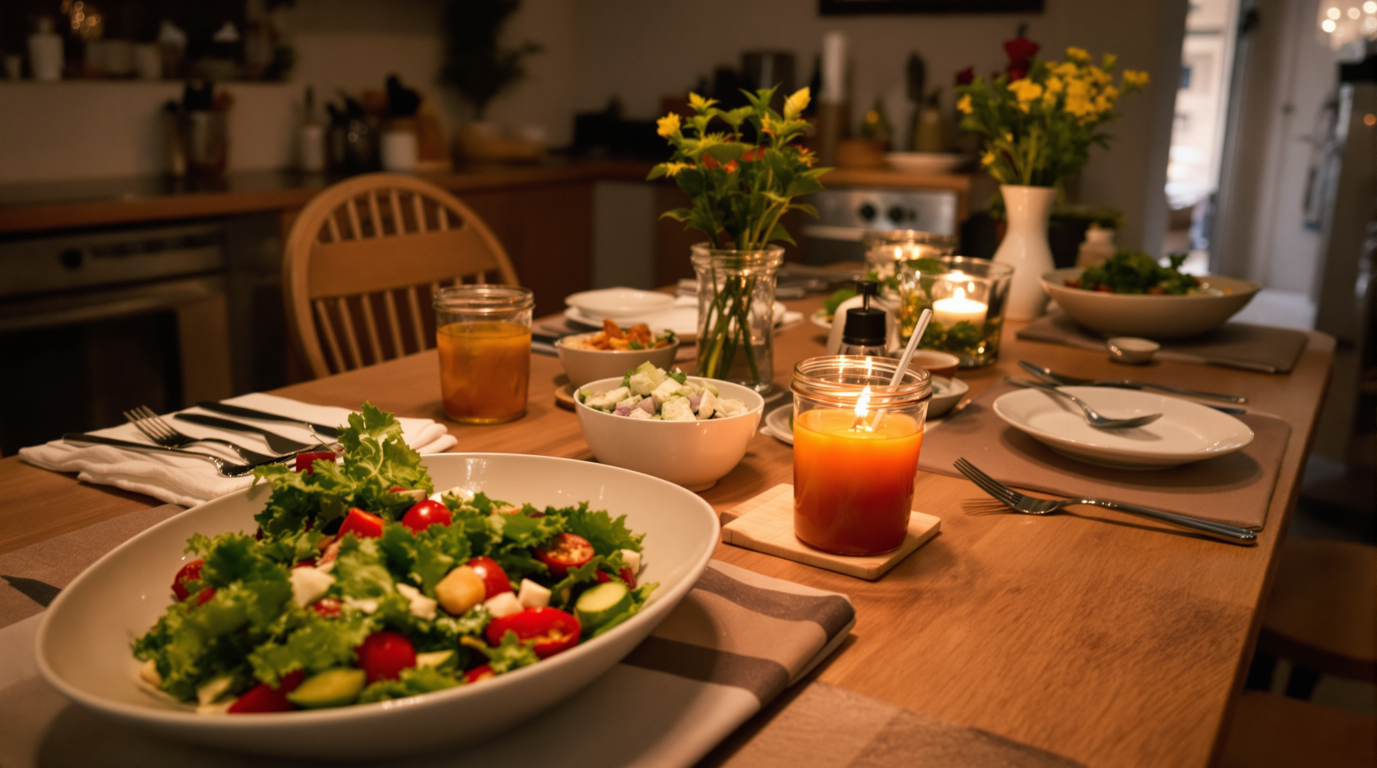 Gemütlich gedeckter Esstisch mit frischen Salatschüsseln und warmem Licht