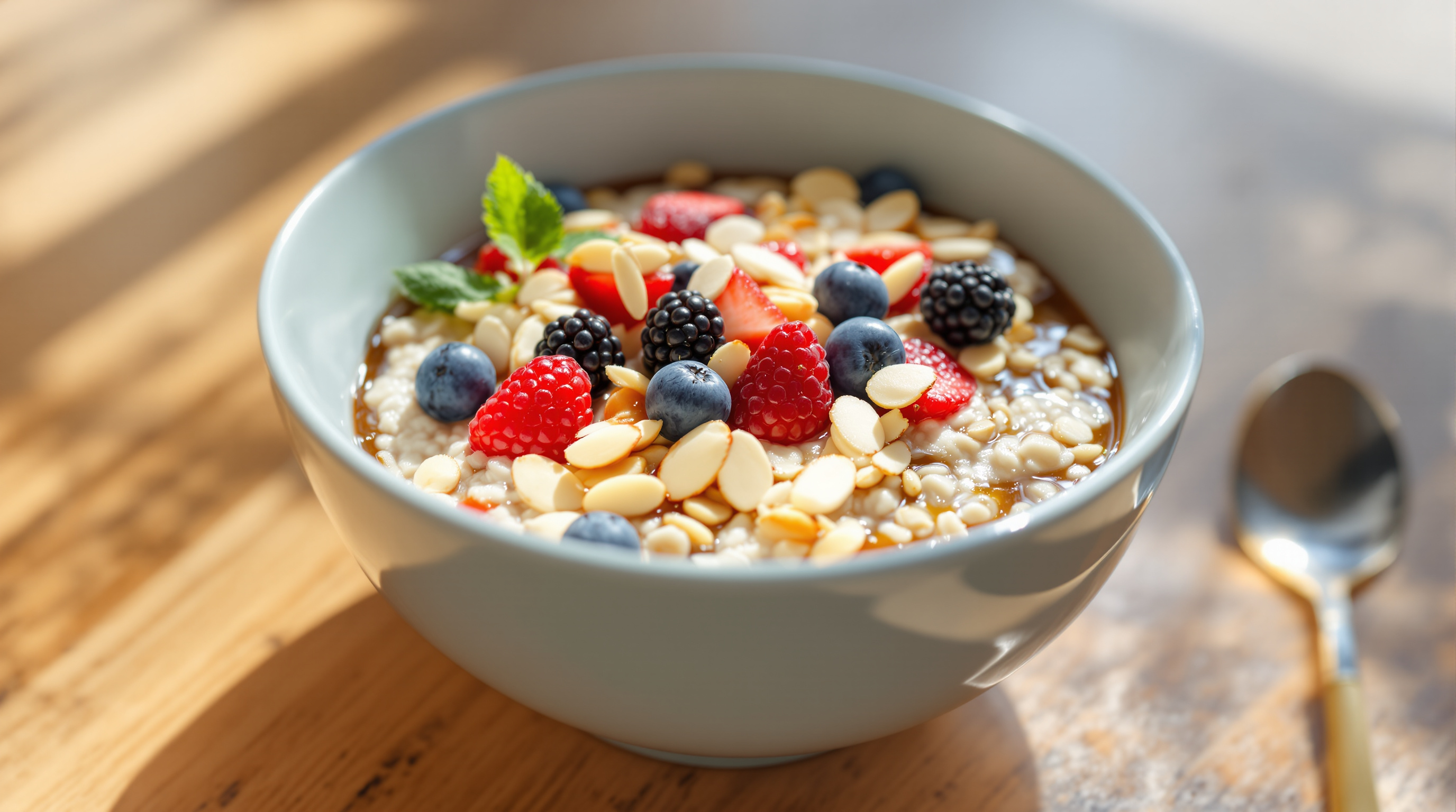 Bunte Haferflocken-Schüssel mit frischen Beeren und Mandeln auf einem Holztisch