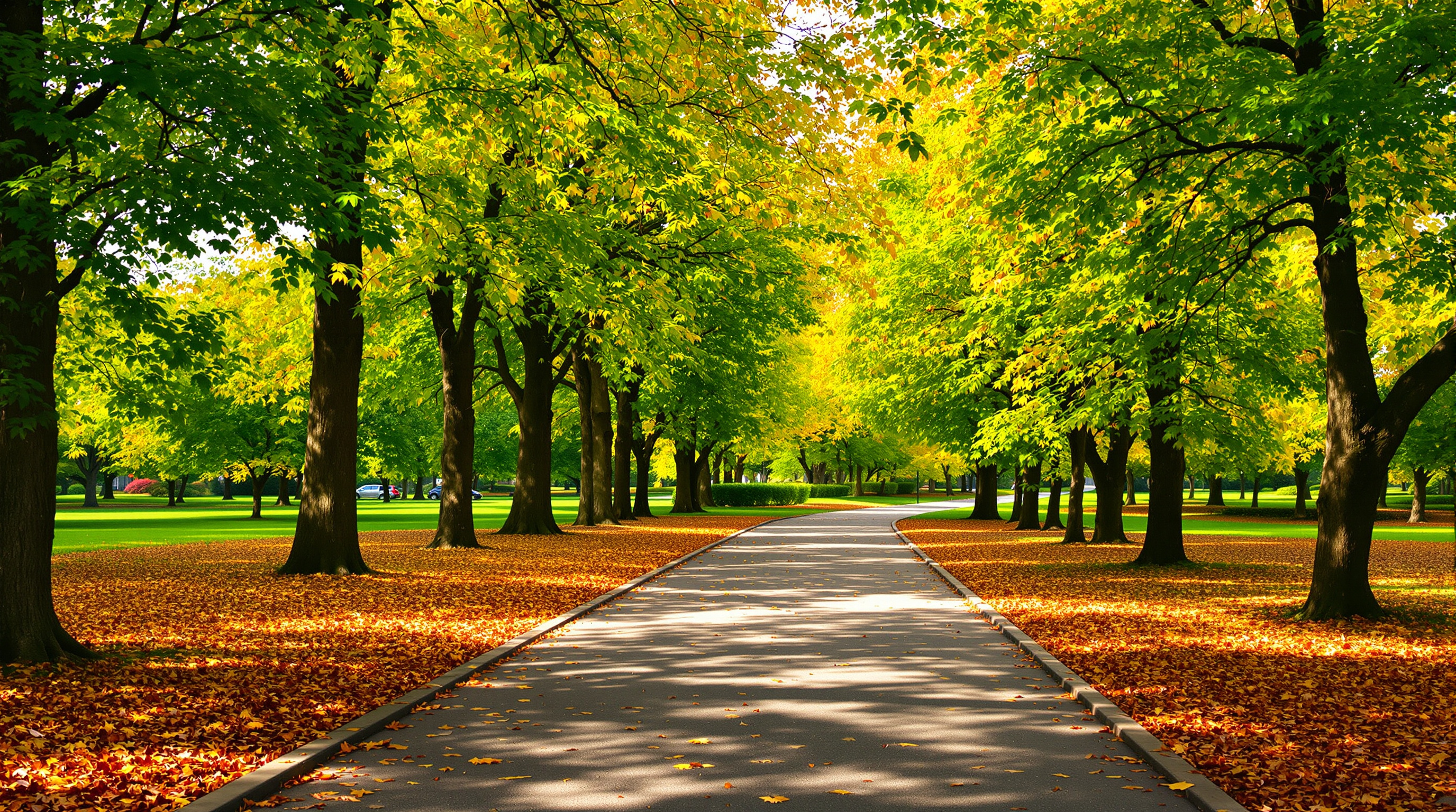 Einladender Parkweg mit sanftem Sonnenlicht, perfekt für einen entspannten Verdauungsspaziergang