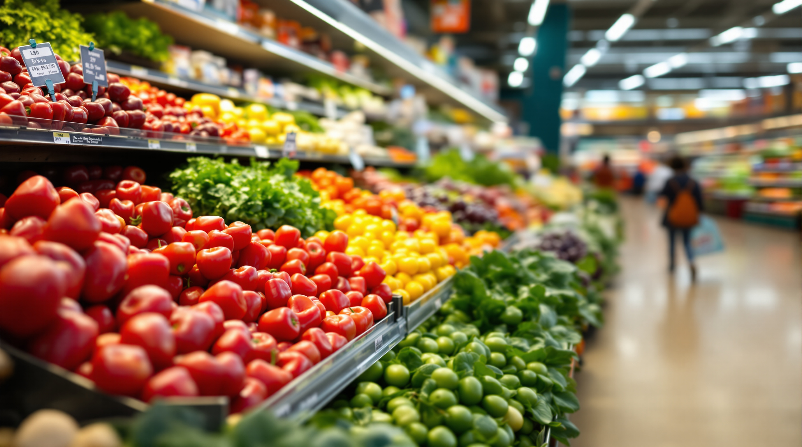 Obst- und Gemüseabteilung im Supermarkt mit bunter Auswahl an frischen Lebensmitteln