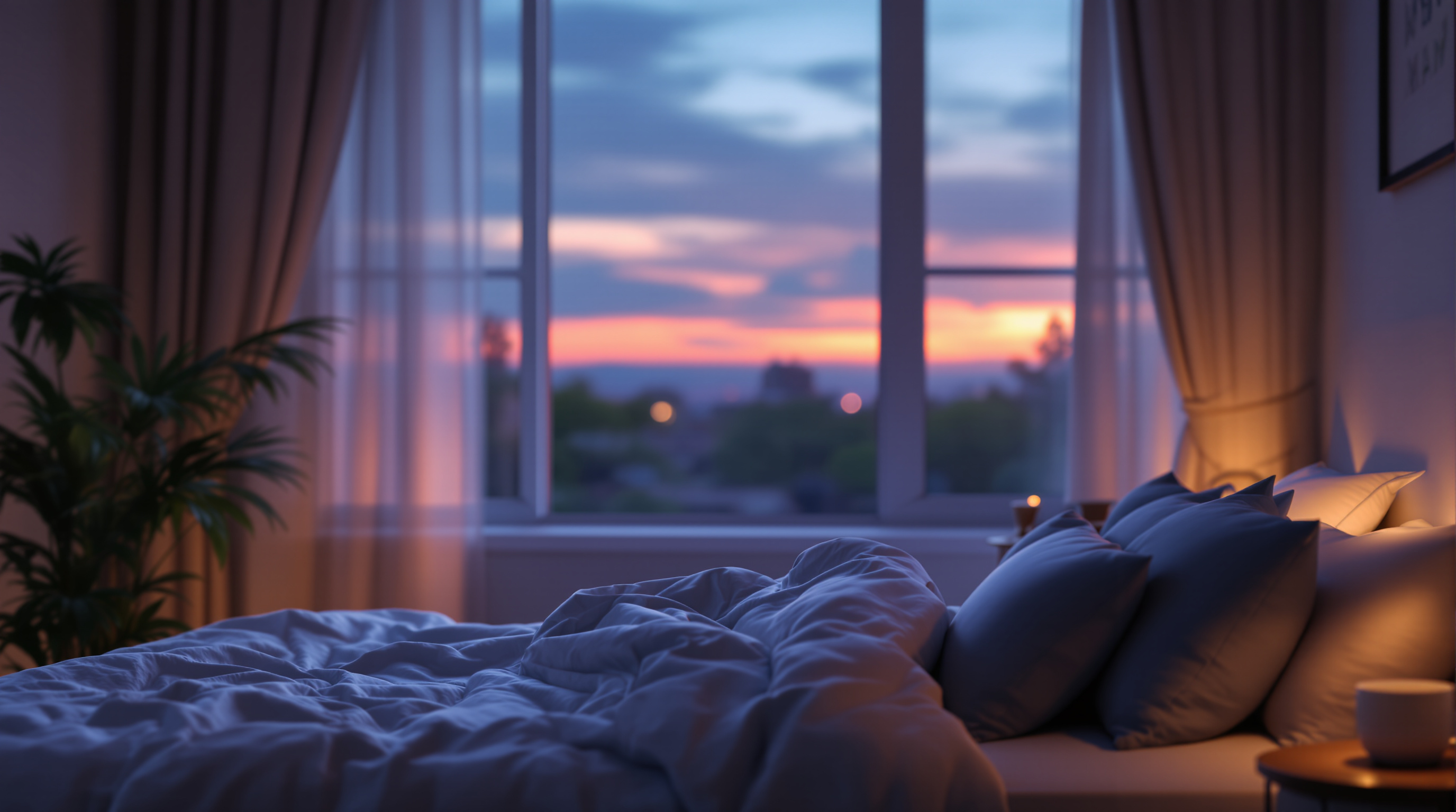 Ruhiges Schlafzimmer in der Dämmerung mit gemütlicher Bettwäsche und Kräutertee