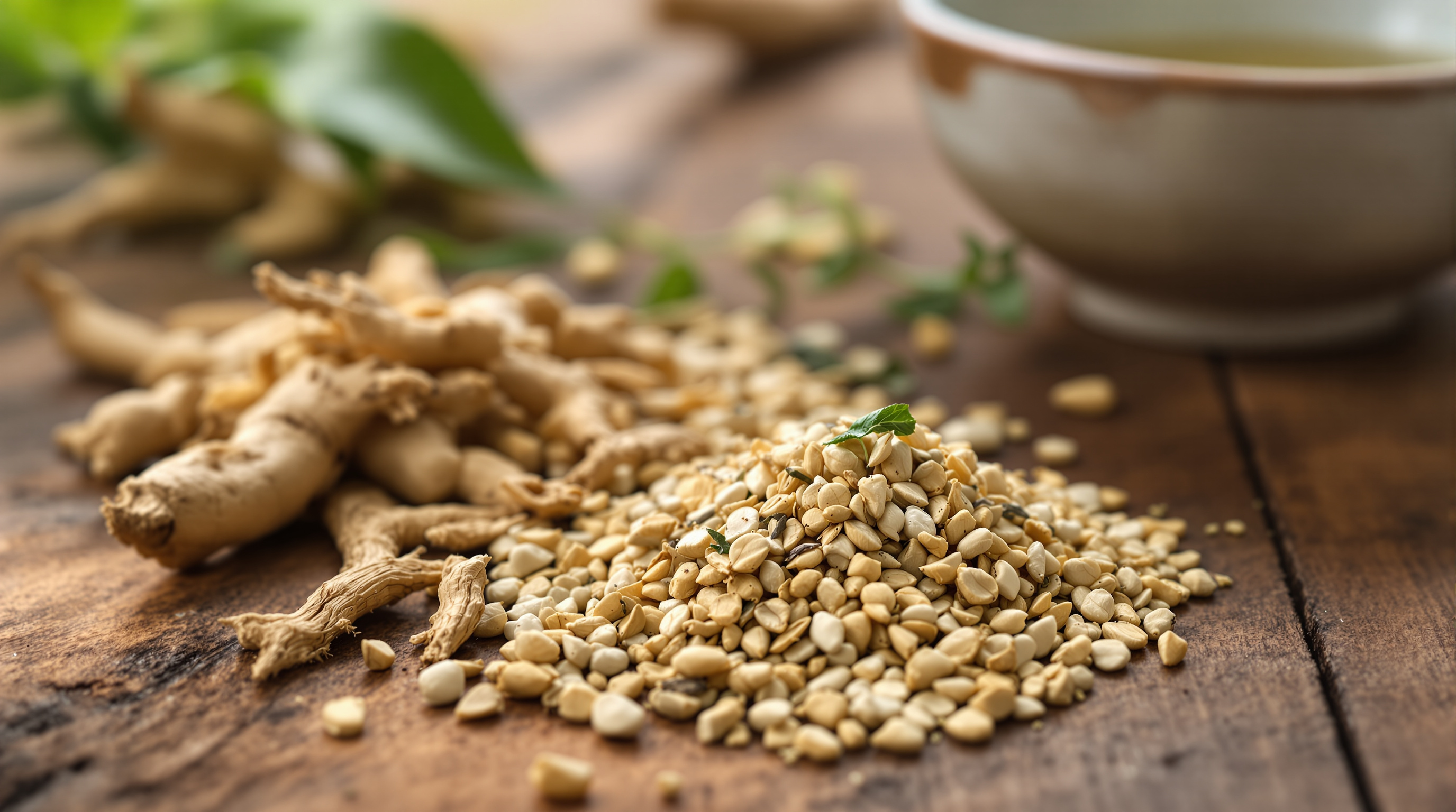 Getrocknete Ashwagandha-Wurzeln und Rhodiola-Kräuter auf einem Holztisch bei Tageslicht
