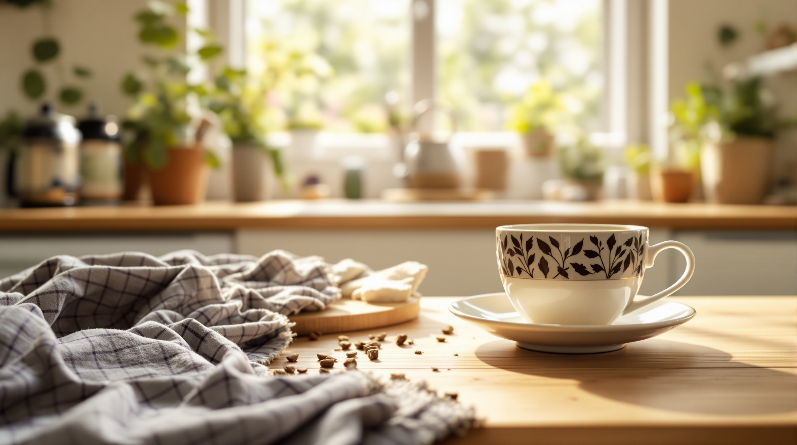 Ruhige Küchenszenerie am Morgen mit einer Tasse Kräutertee auf einem Holztisch