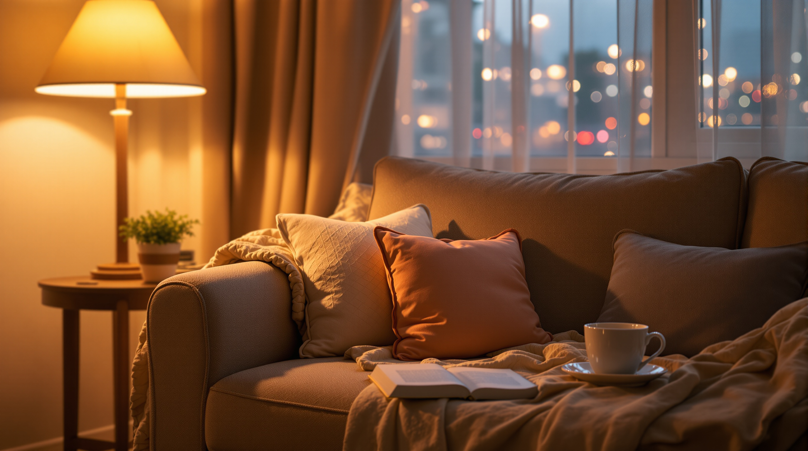 Gemütliches Wohnzimmer am Abend mit sanfter Beleuchtung, Buch und Teetasse