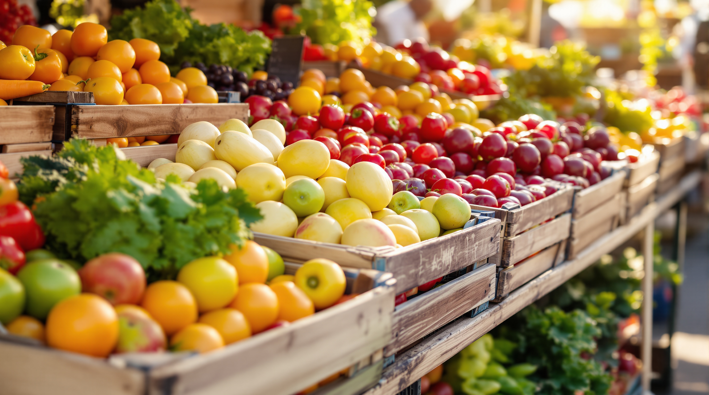 Bunter Marktstand mit saisonalem Obst und Gemüse in Holzkisten
