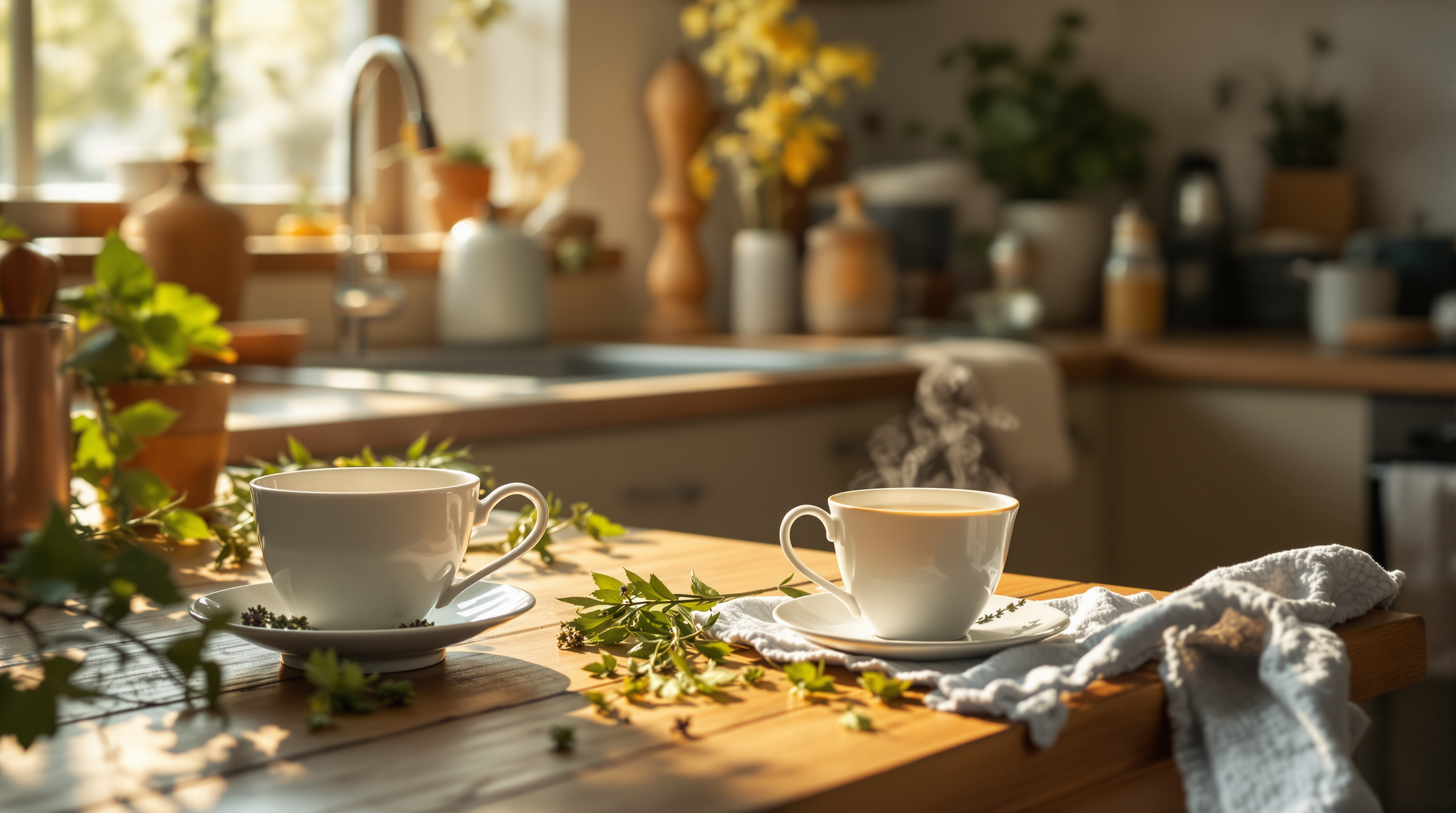 Gemütliche Küche mit sanftem Morgenlicht und einer Tasse Tee auf einem Holztisch