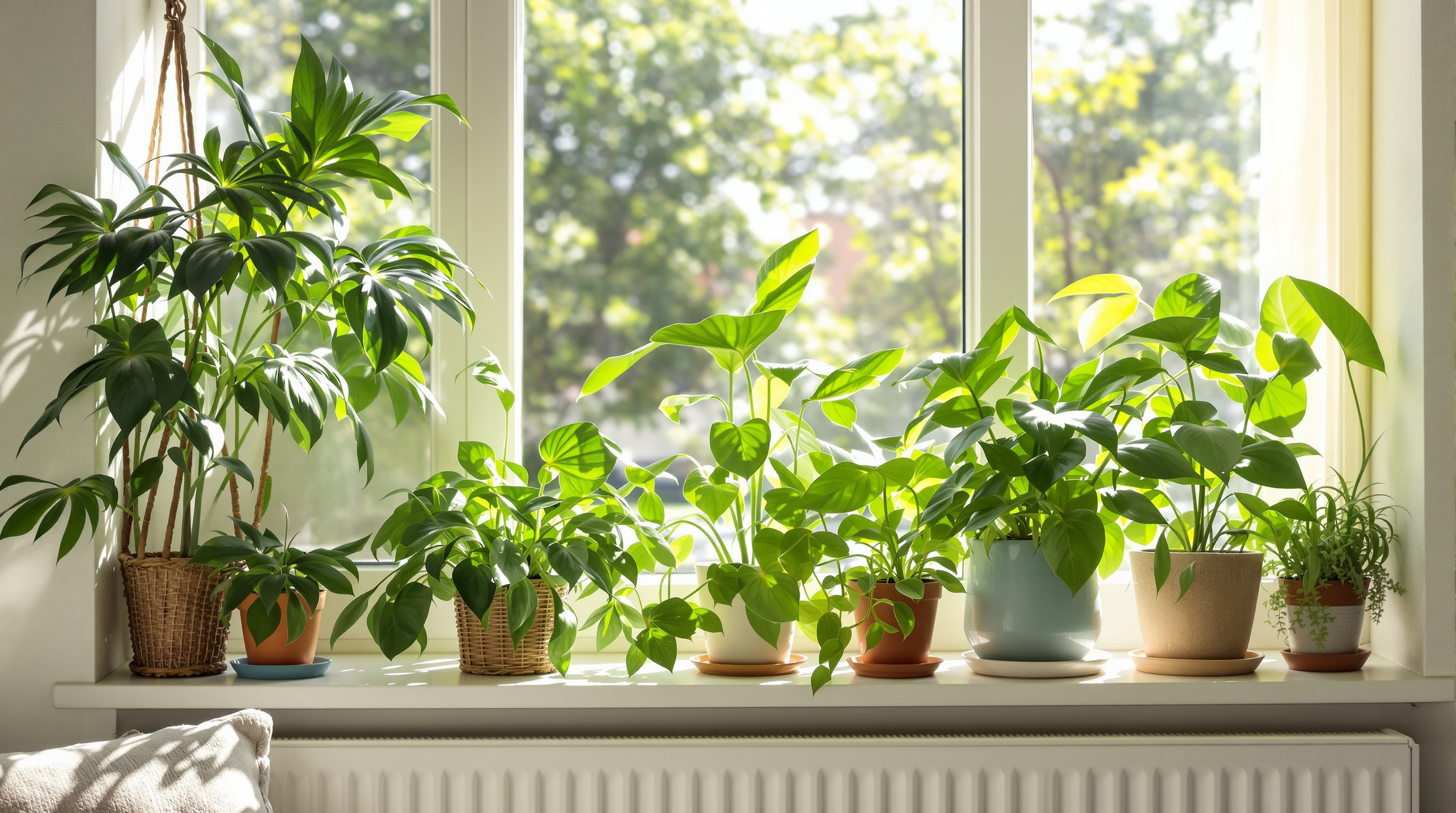 Helles Wohnzimmer mit üppigen grünen Zimmerpflanzen auf der Fensterbank bei natürlichem Licht