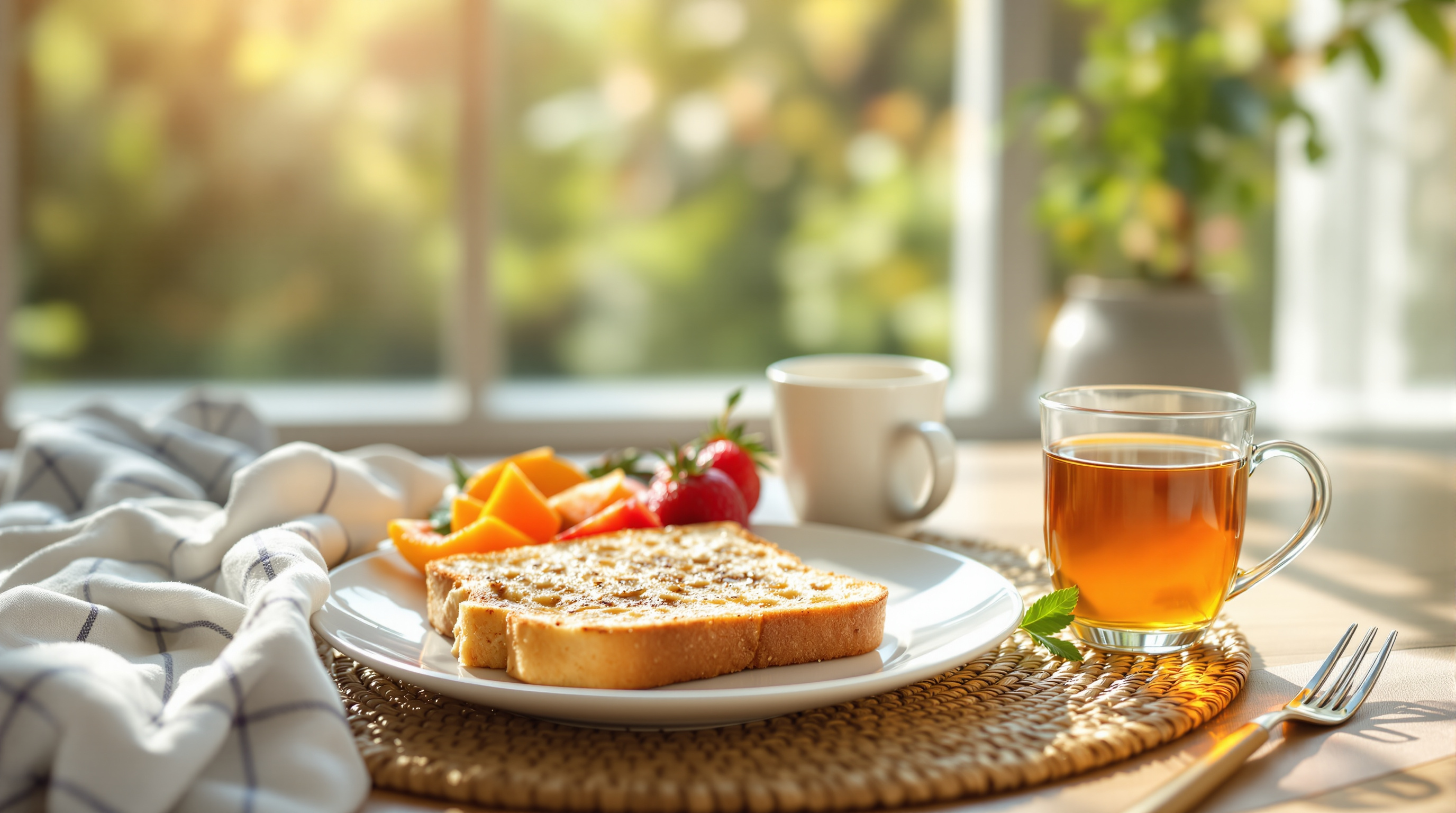 Gemütlicher Frühstückstisch mit Vollkornbrot, frischem Obst und Kräutertee im sanften Morgenlicht