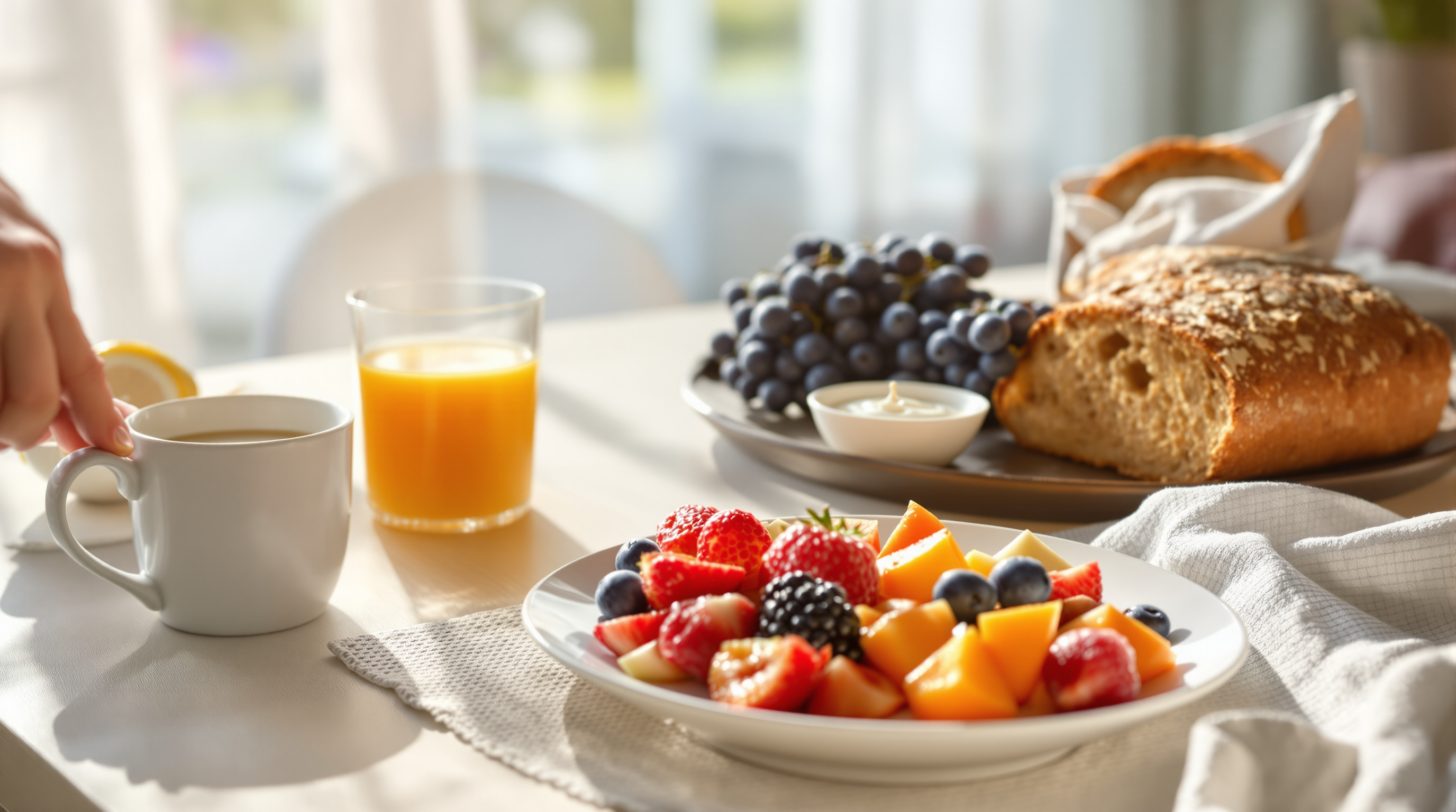 Entspannter Frühstückstisch mit frischen Früchten, Vollkornbrot und Joghurt im sanften Morgenlicht