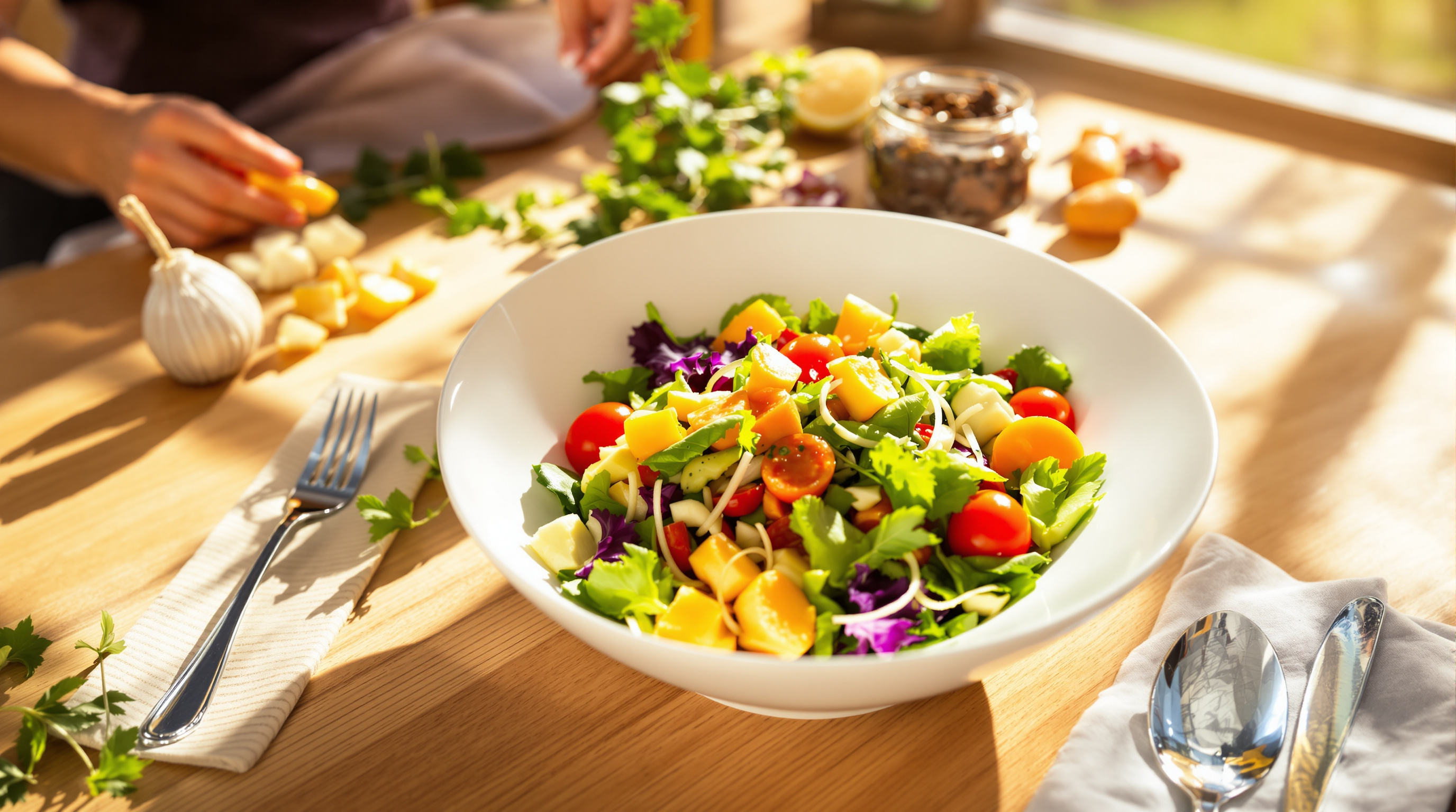 Holztisch mit bunter Salatschüssel und natürlichen Zutaten in warmem Nachmittagslicht