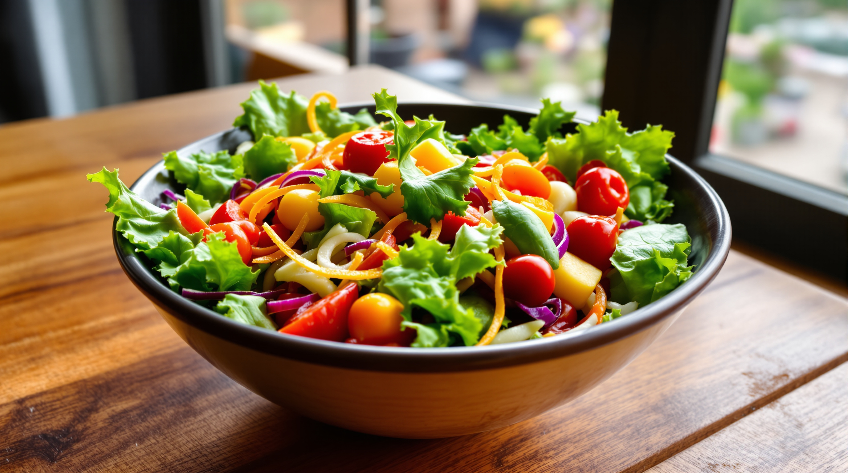 Bunter gesunder Salat in einer Schüssel auf Holztisch mit natürlichem Tageslicht
