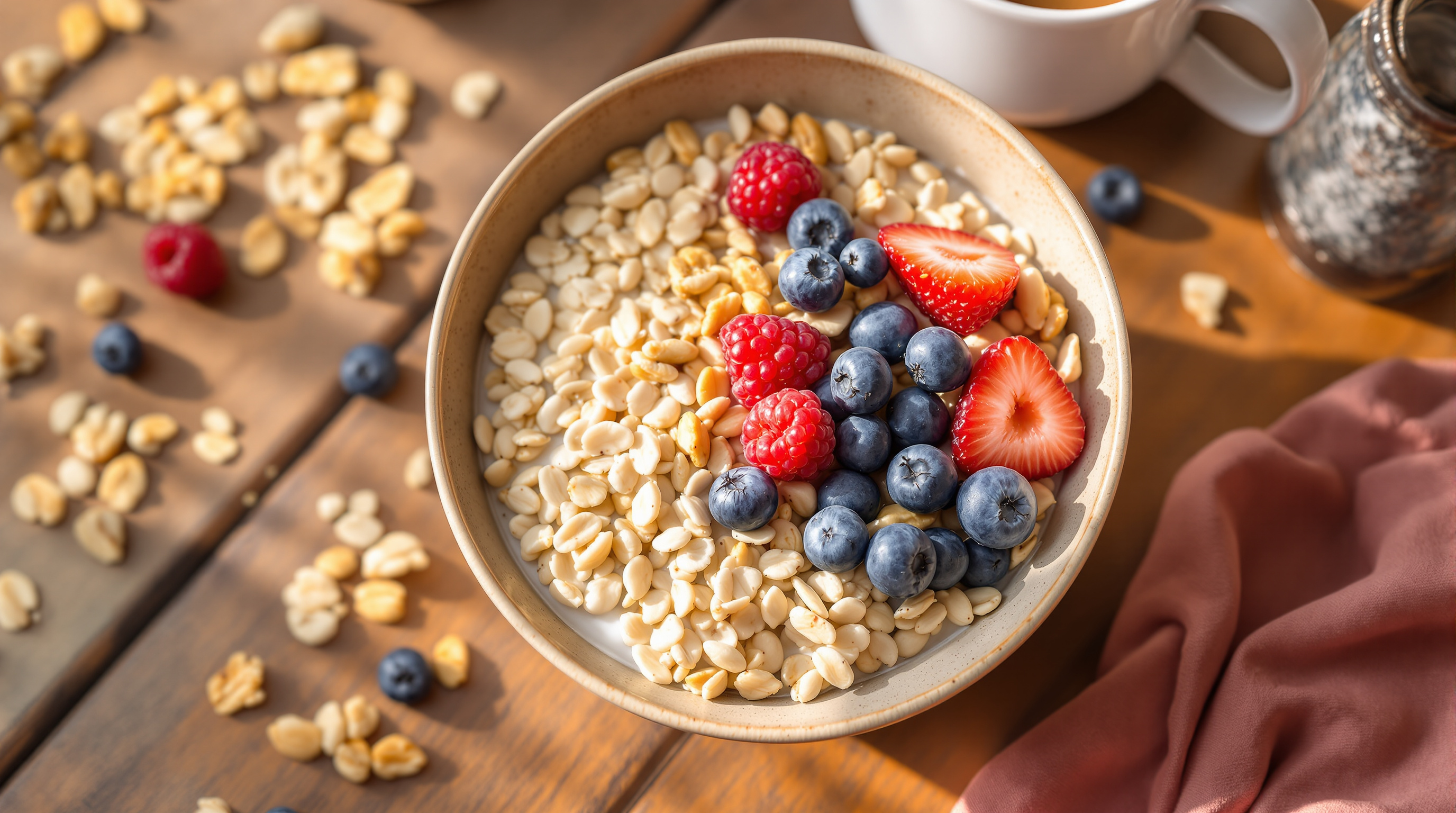 Gesunde Frühstücksschale mit Haferflocken, frischen Beeren und Nüssen auf rustikalem Holztisch