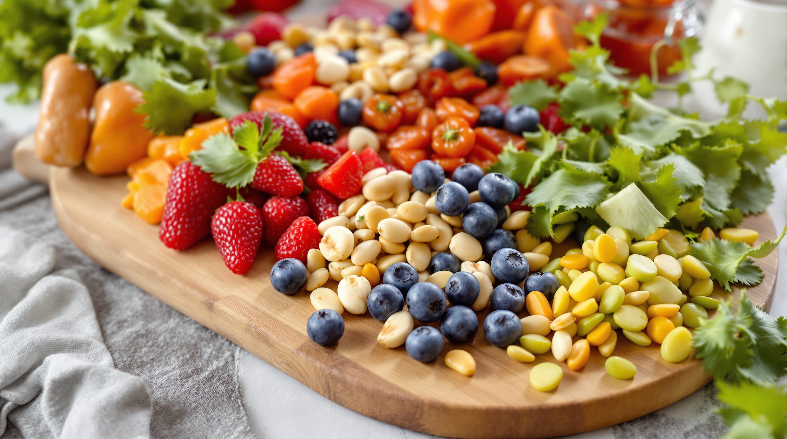 Bunte gesunde Snacks auf einem Holzbrett angerichtet, mit Nüssen, Beeren und Gemüse