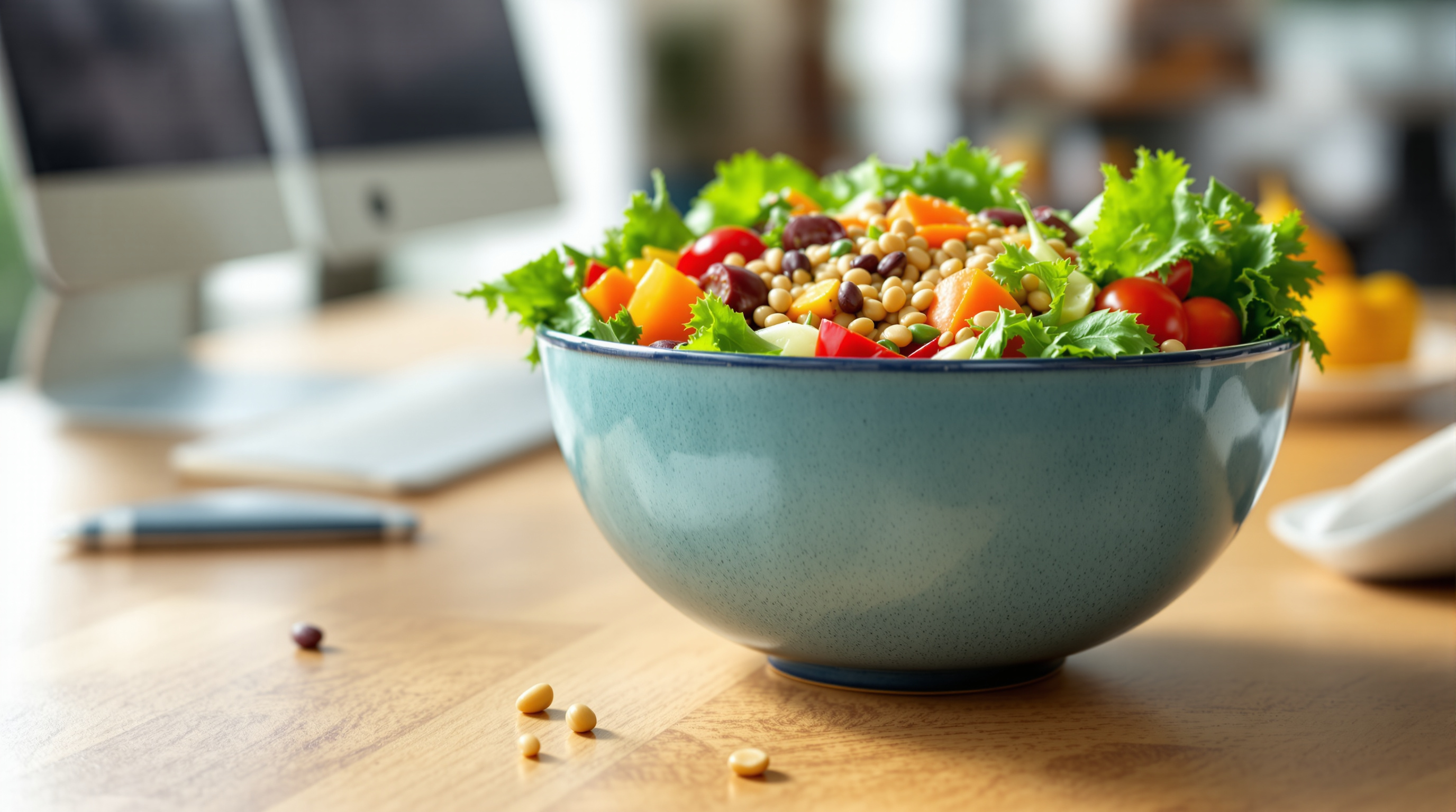 Bunter Salat mit Gemüse und Getreide auf einem Schreibtisch bei Tageslicht