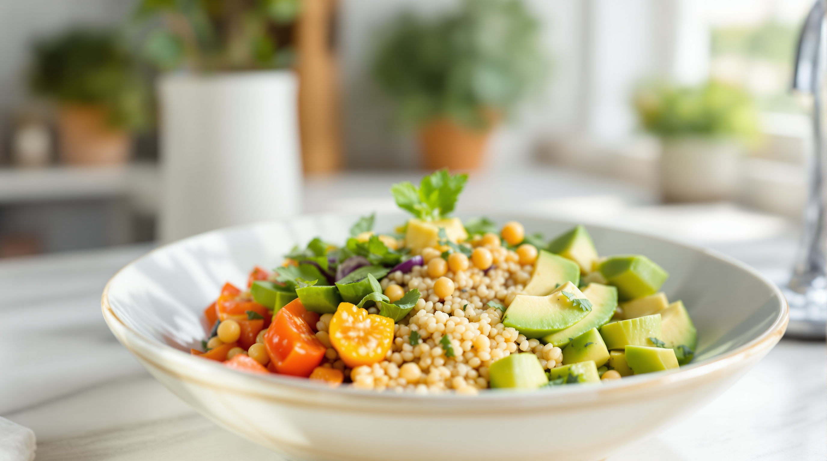 Frische Lunch-Bowl mit Quinoa, Kichererbsen und buntem Gemüse auf einem Keramikteller