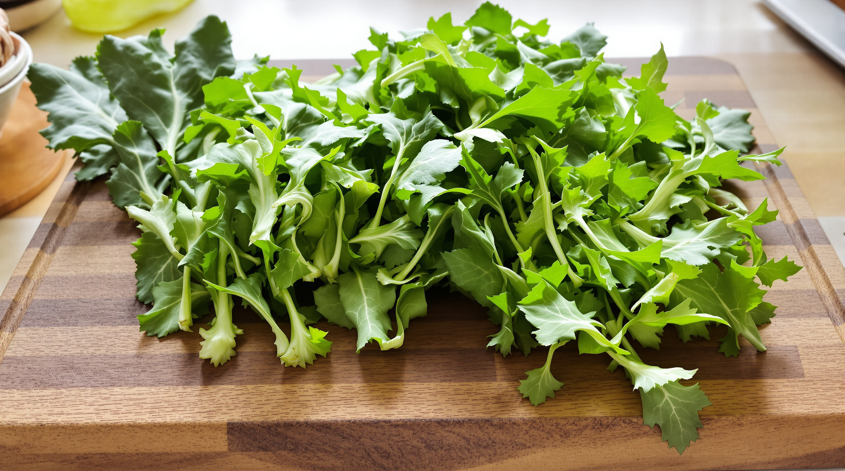 Frischer Chicorée und Rucola auf einem rustikalen Holzbrett in natürlichem Licht