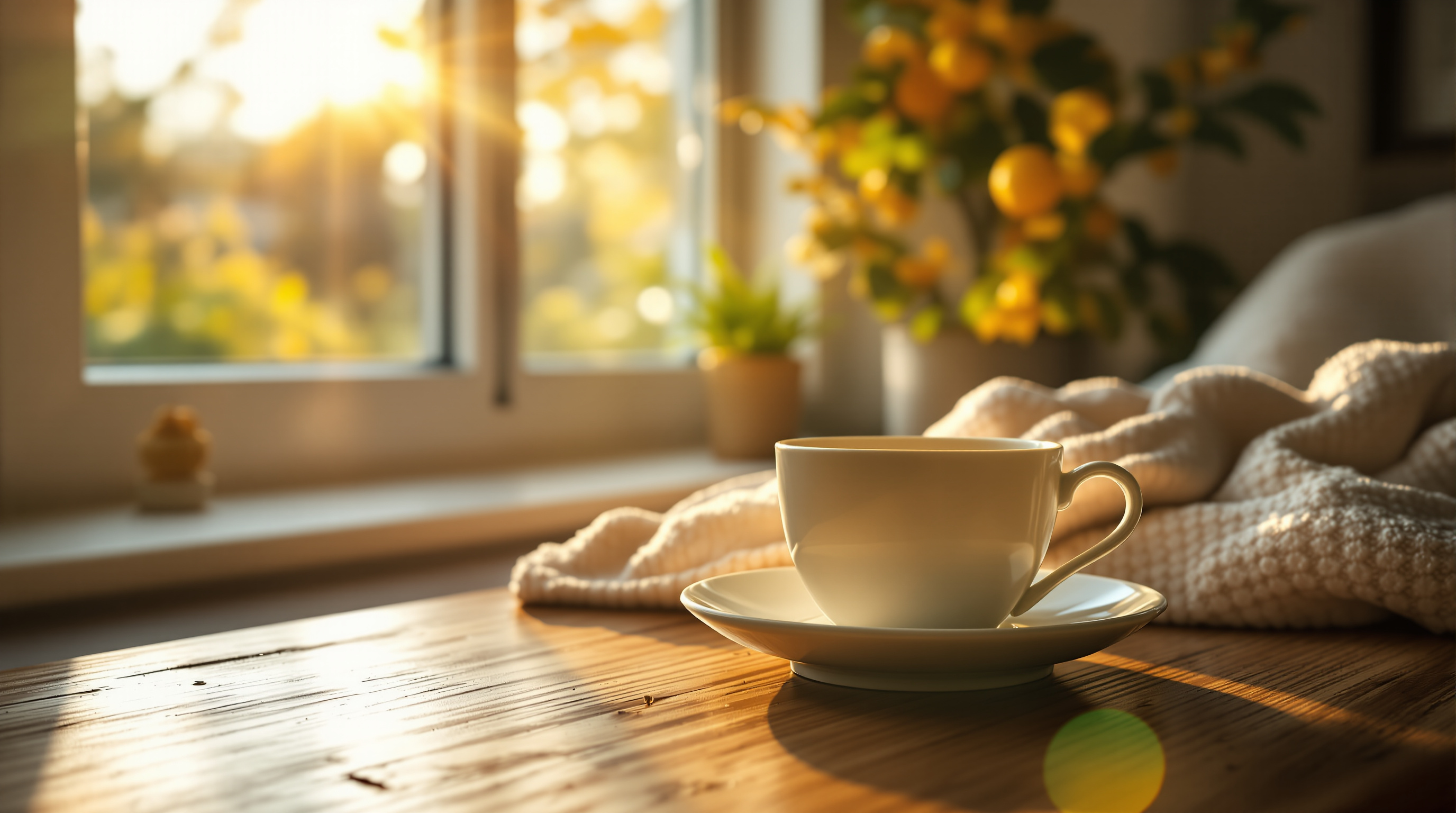 Gemütliche Morgenszene mit warmem Sonnenlicht und einer Tasse Zitronenwasser auf einem Holztisch