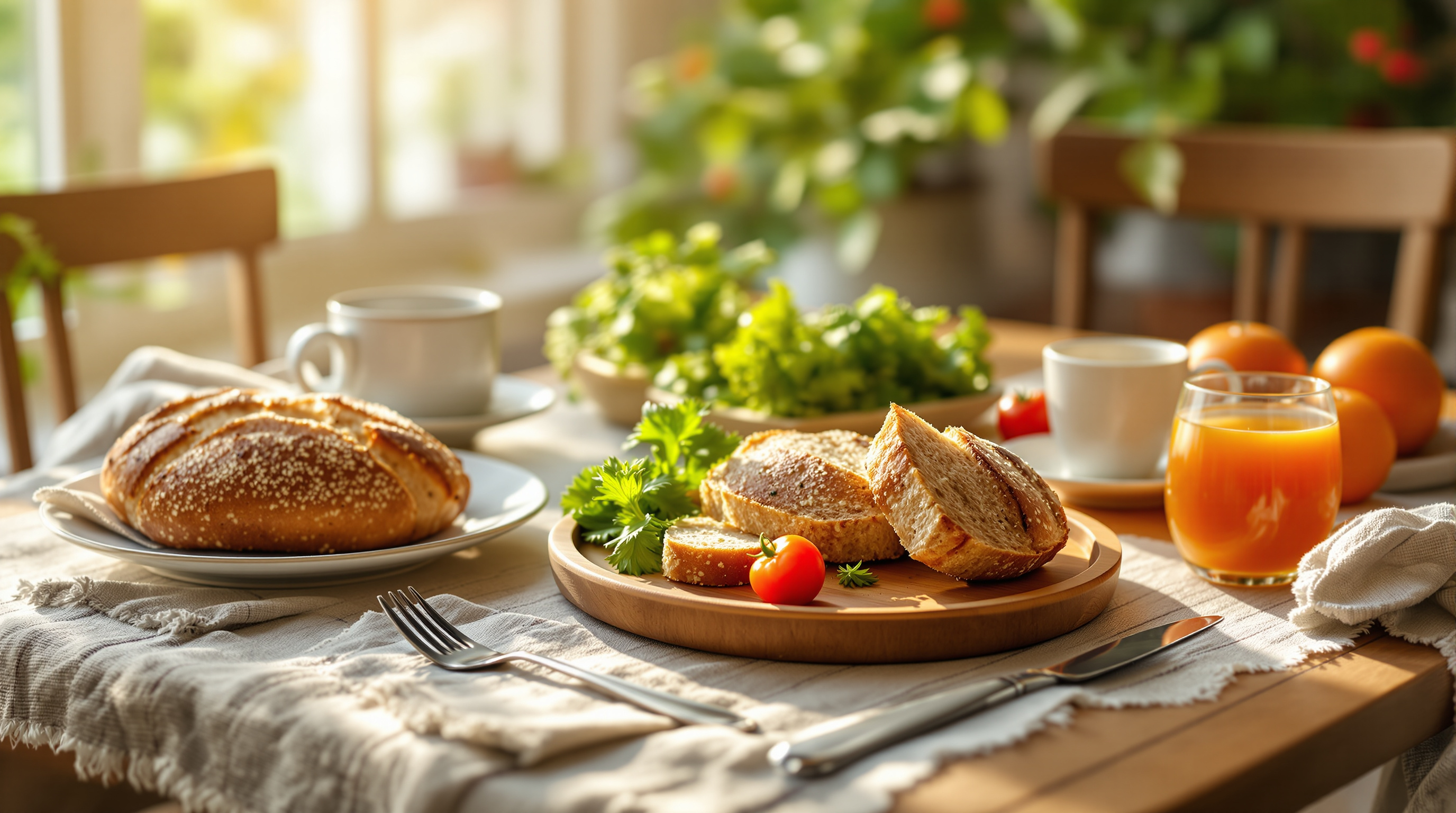Ruhiger Frühstückstisch mit Vollkornbrot, frischem Gemüse und Kräutertee im sanften Morgenlicht