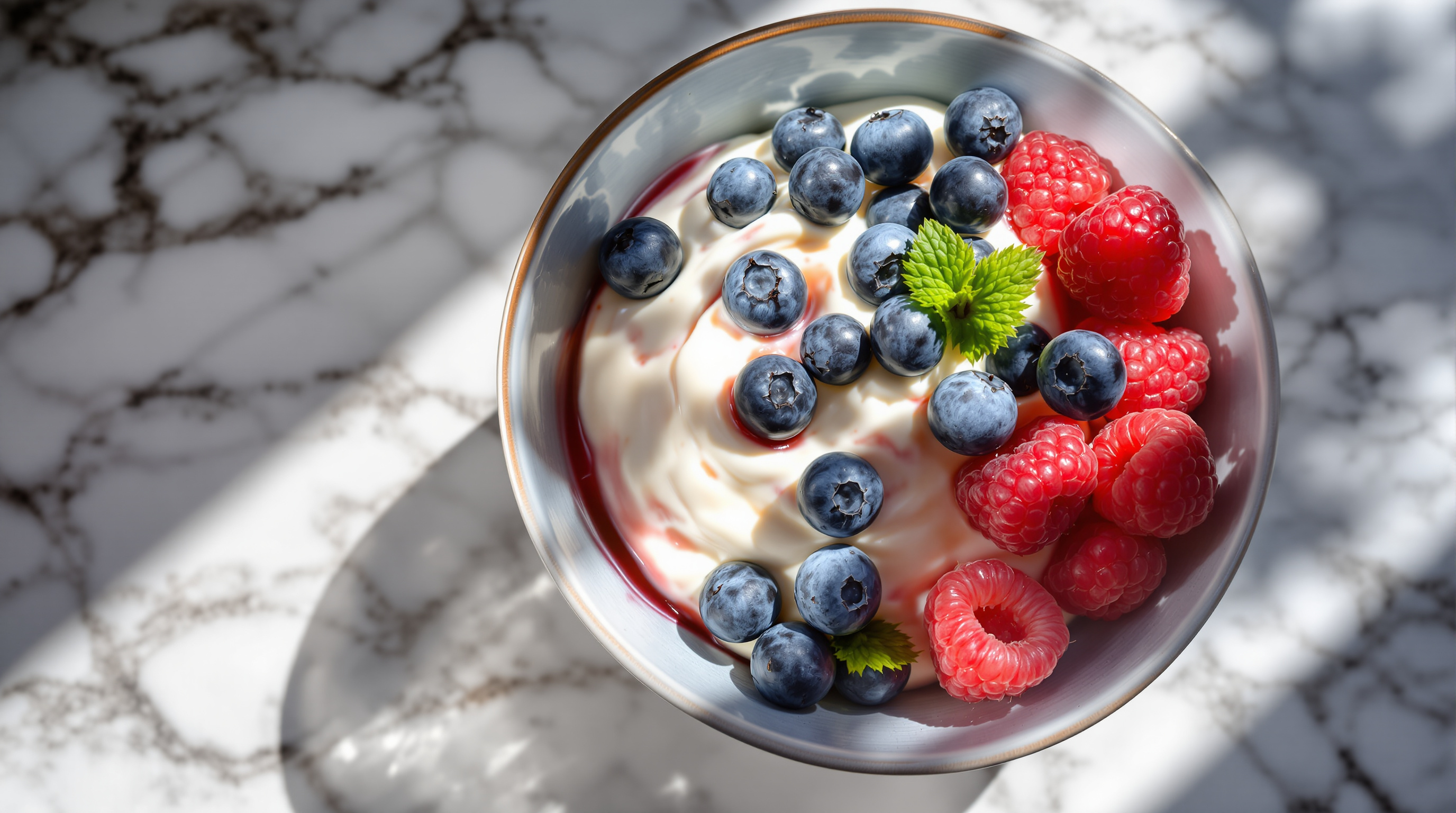 Schale mit Naturjoghurt und frischen Blaubeeren und Himbeeren im Morgenlicht