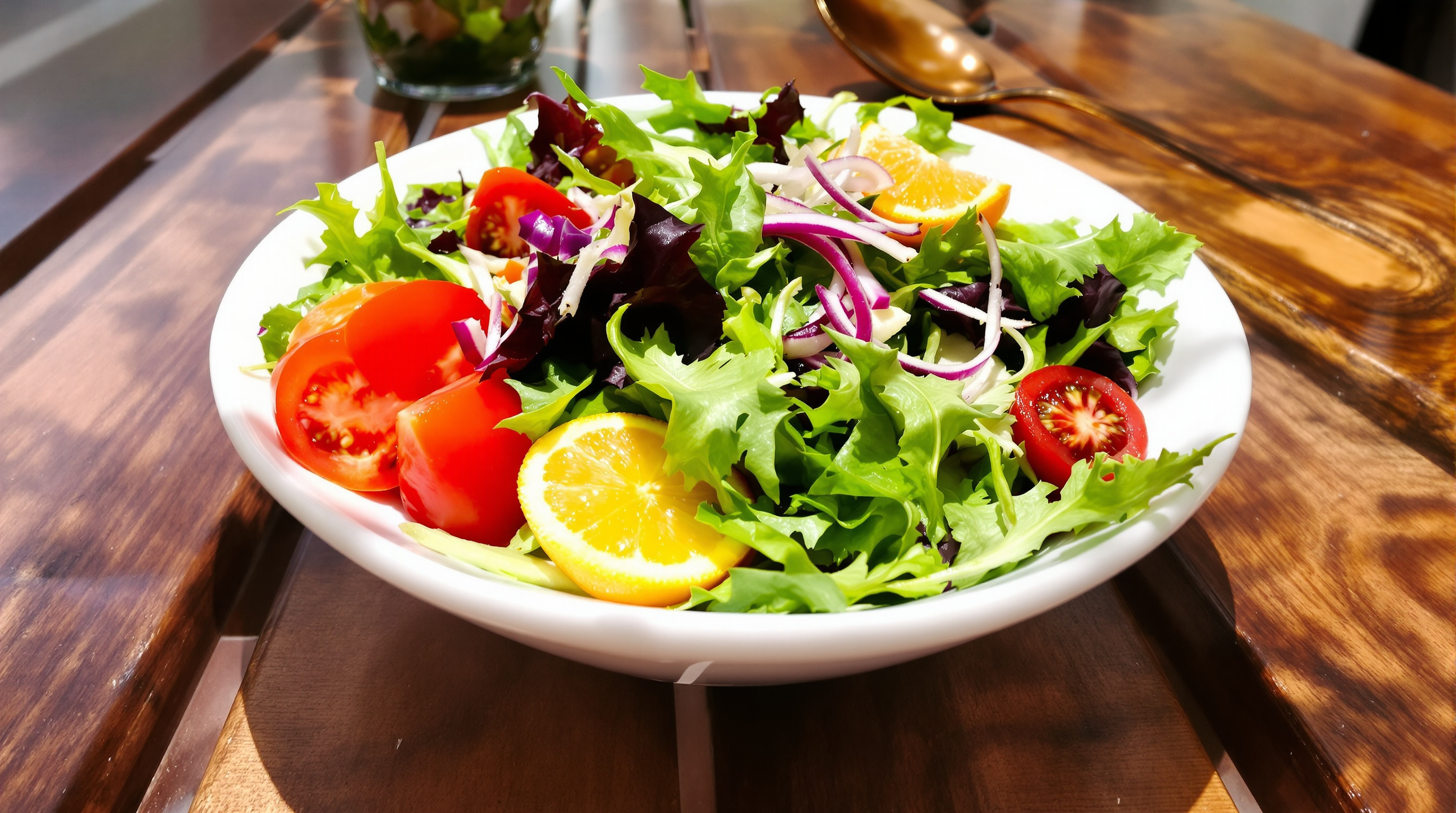 Frischer bunter Salat mit grünem Blattgemüse, Tomaten und Zitrusscheiben auf einem Holztisch