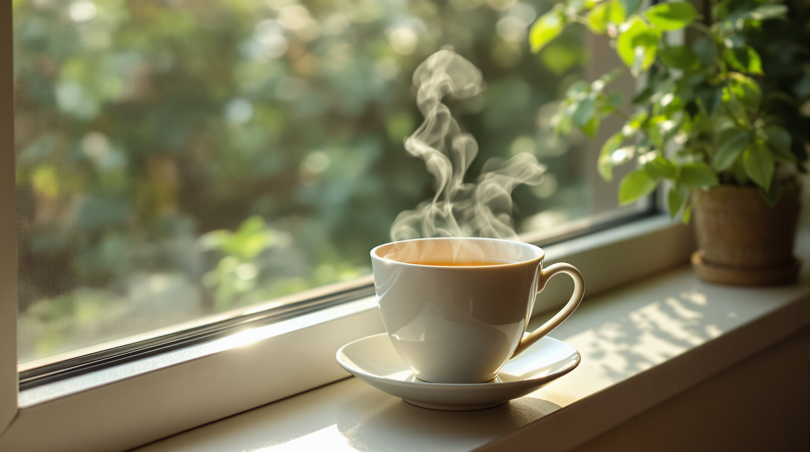 Dampfende Tasse Kräutertee auf einer Fensterbank mit weichem Morgenlicht und Pflanzen