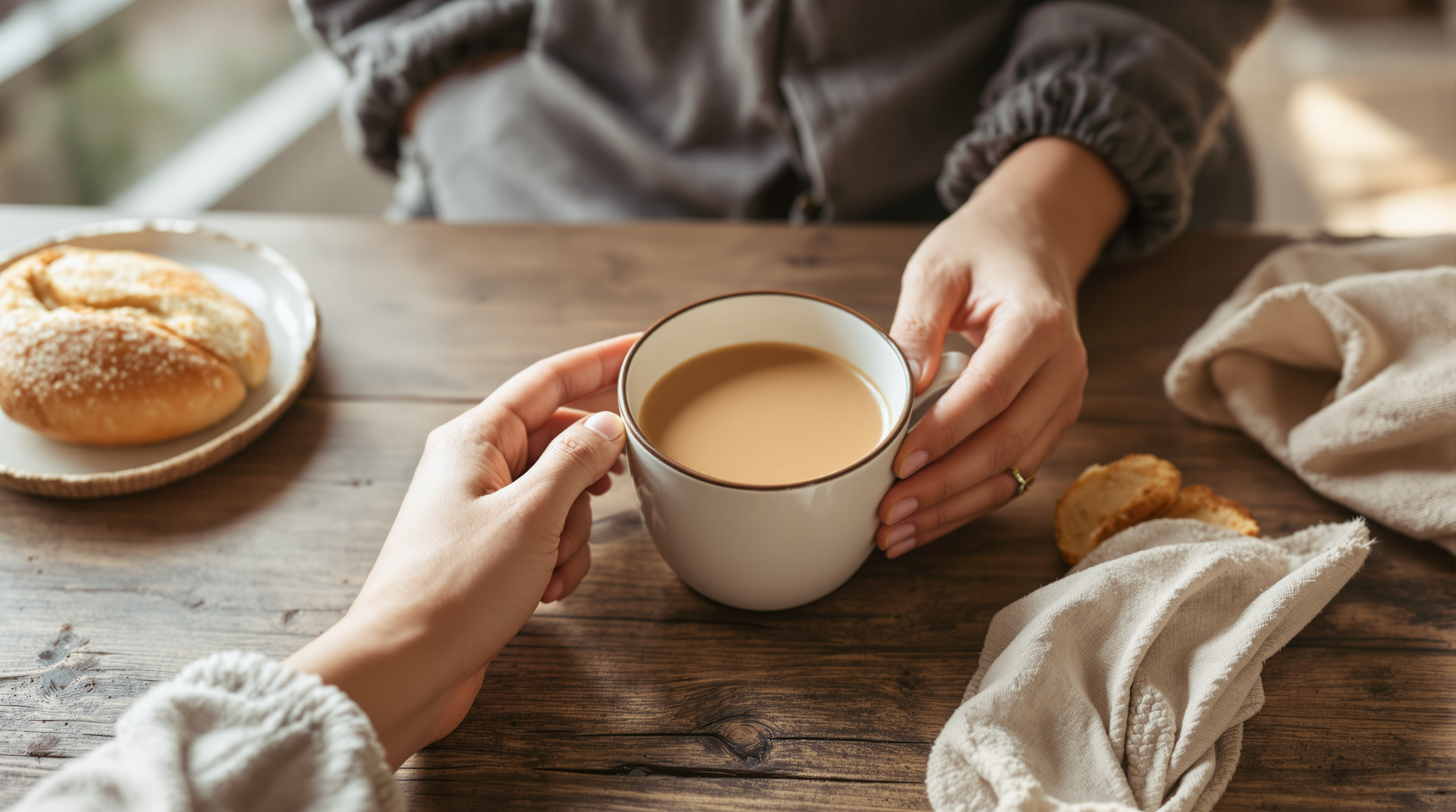 Hände umfassen eine warme Tasse an einem gemütlichen Küchentisch mit frischem Brot
