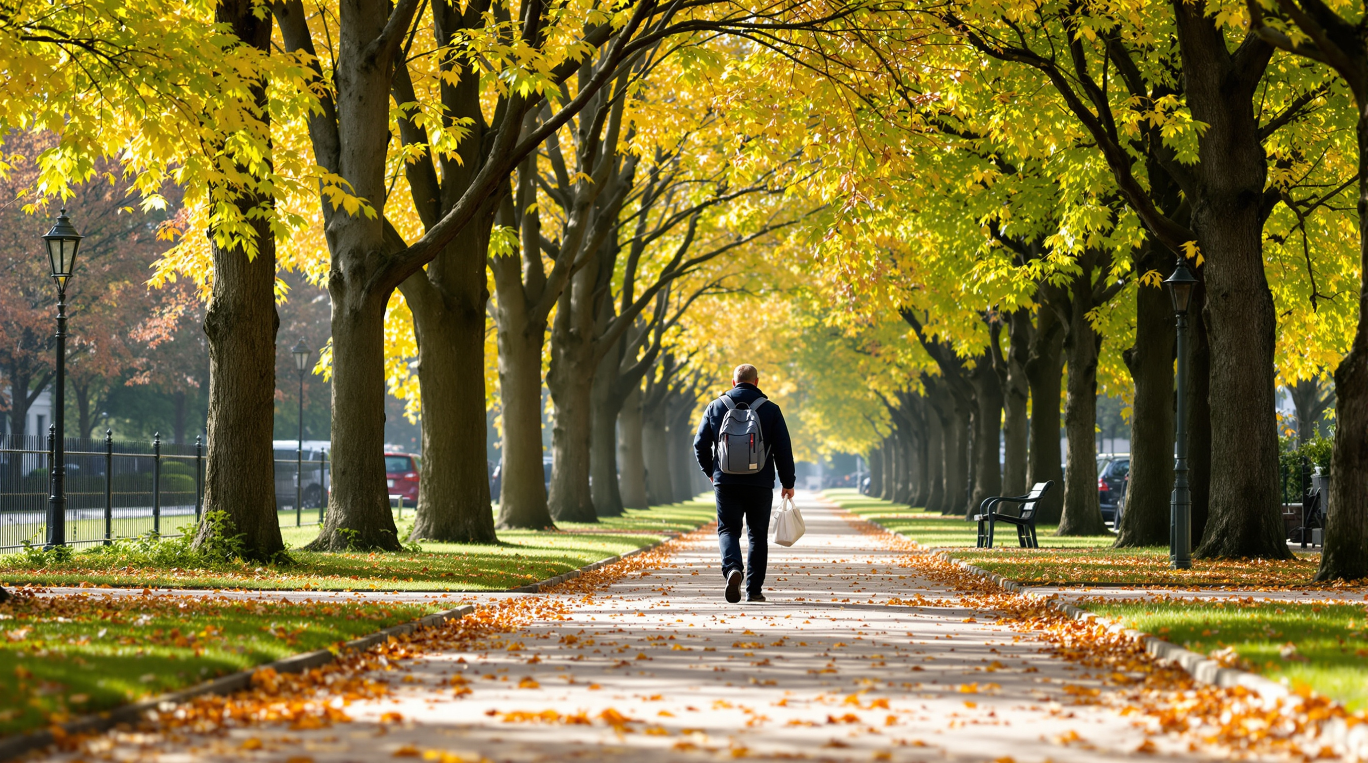 Person spaziert auf einem baumgesäumten Weg im Stadtpark, Herbstlaub und Sonnenlicht