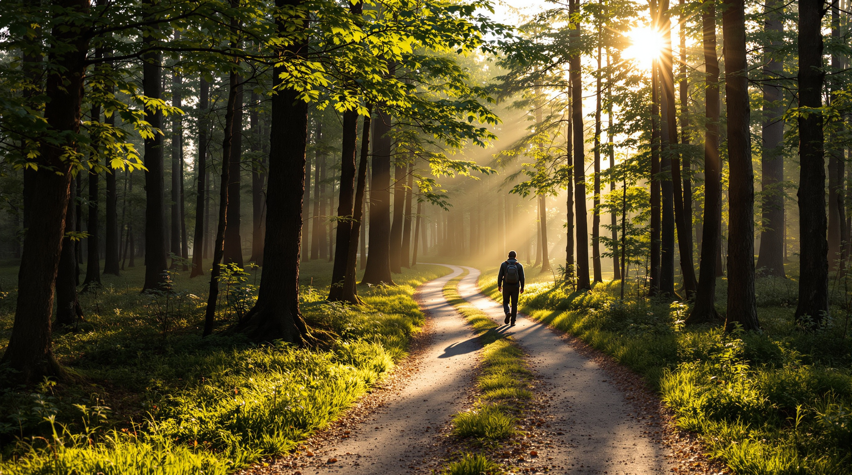 Waldspaziergang am frühen Morgen mit sanftem Sonnenlicht, das durch die Bäume fällt