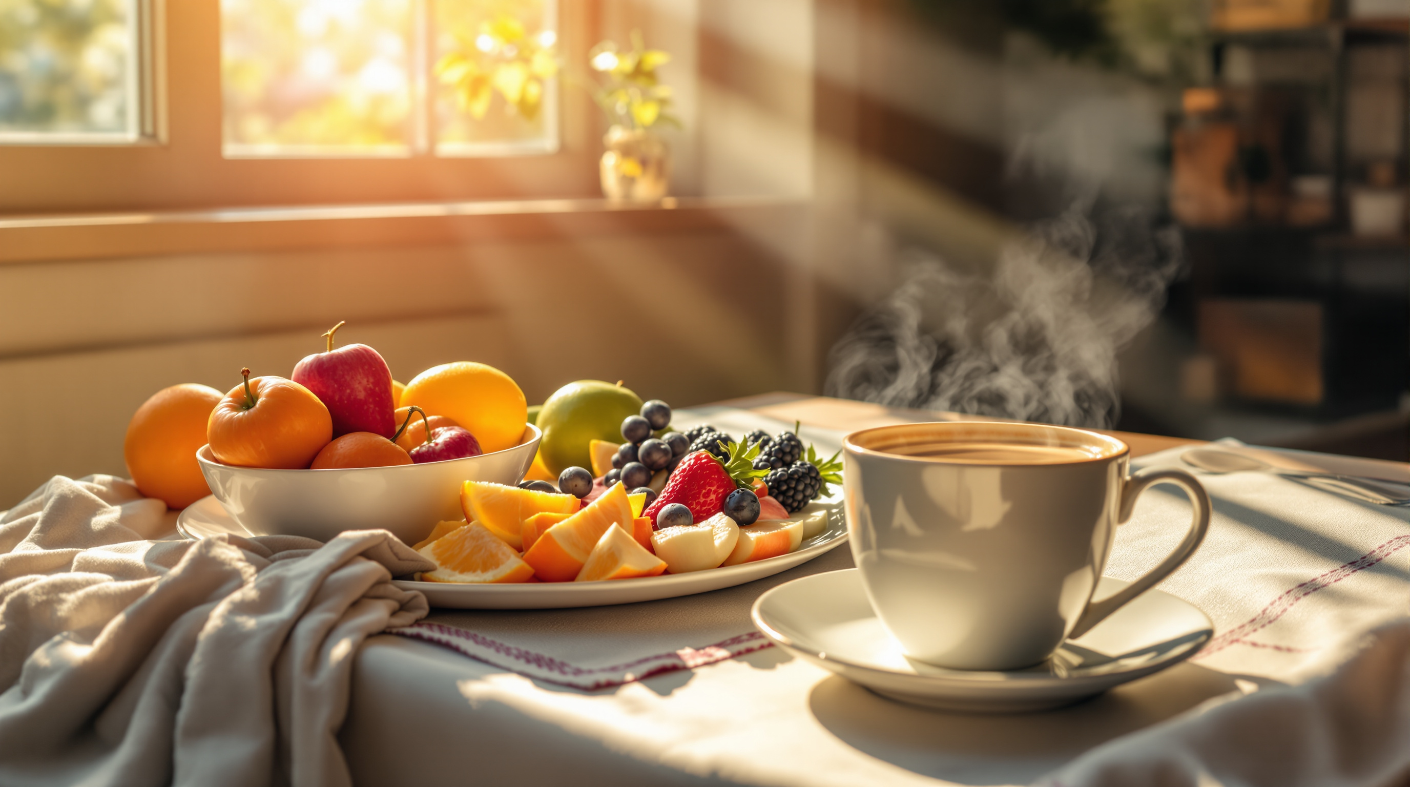 Morgendliches Sonnenlicht fällt durch ein Fenster auf einen einladenden Frühstückstisch mit frischen Früchten