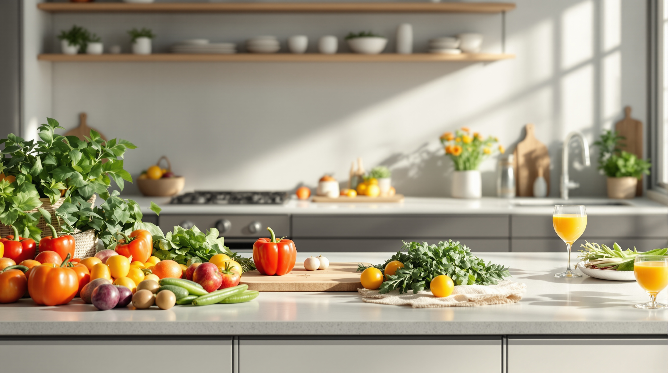 Aufgeräumte Küchenarbeitsplatte mit frischem Obst und Gemüse im natürlichen Tageslicht