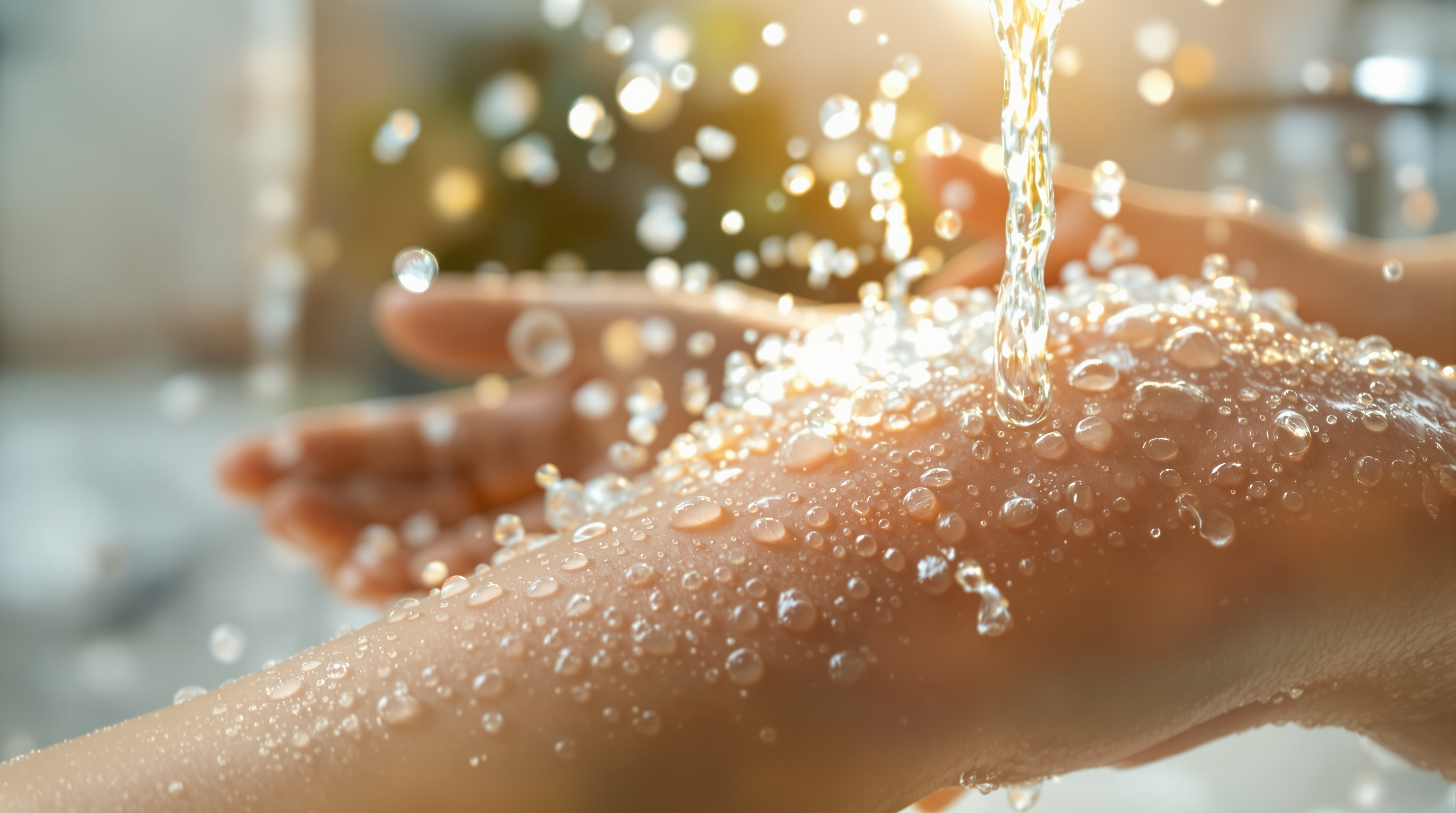 Erfrischende Wassertropfen auf der Haut im sanften Morgenlicht