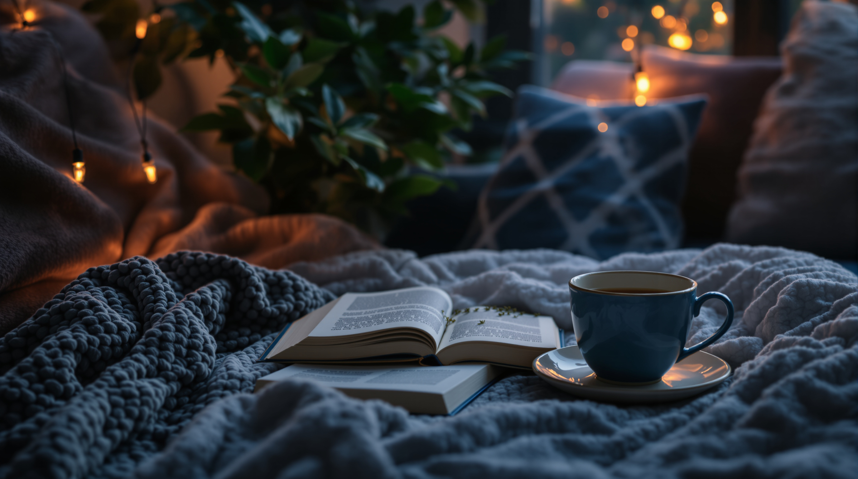 Gemütliche Wohnzimmerecke mit Buch und Kräutertee in warmer Atmosphäre