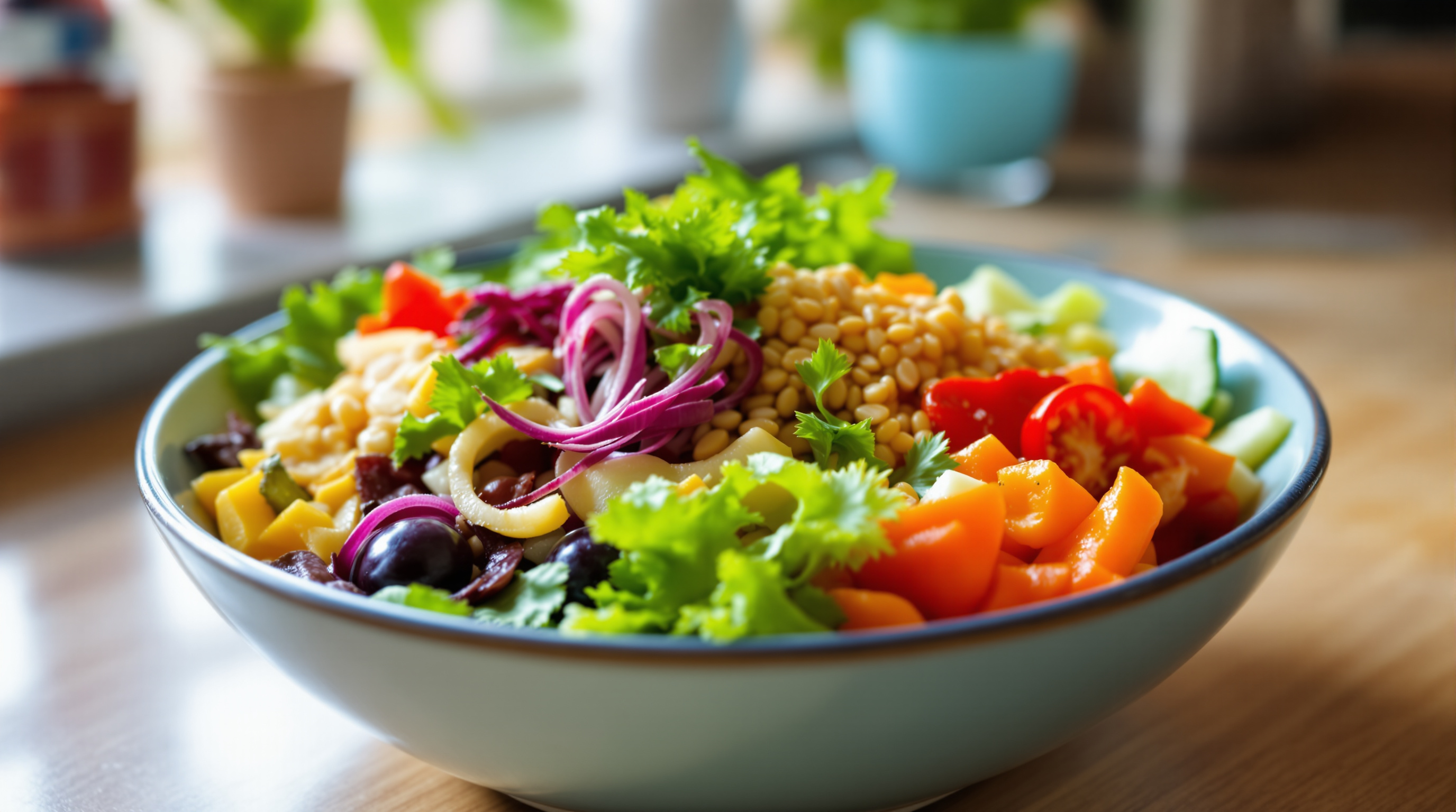Frischer bunter Salat mit Gemüse und Getreide auf einer Küchenarbeitsplatte bei Tageslicht