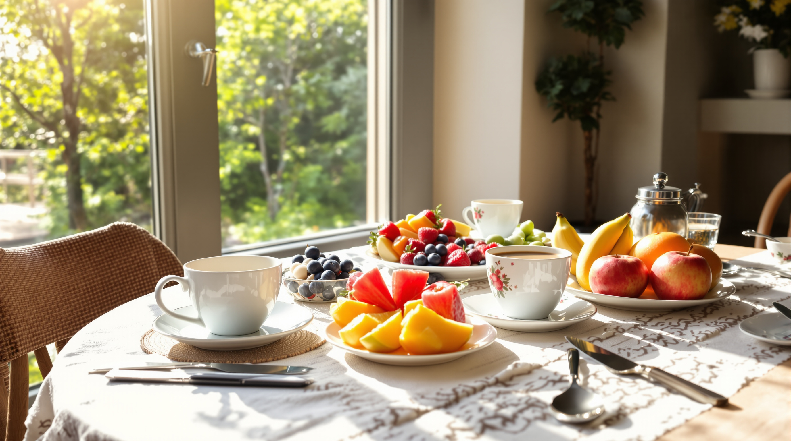 Ruhiger Frühstückstisch mit frischem Obst und Kaffee im warmen Morgenlicht