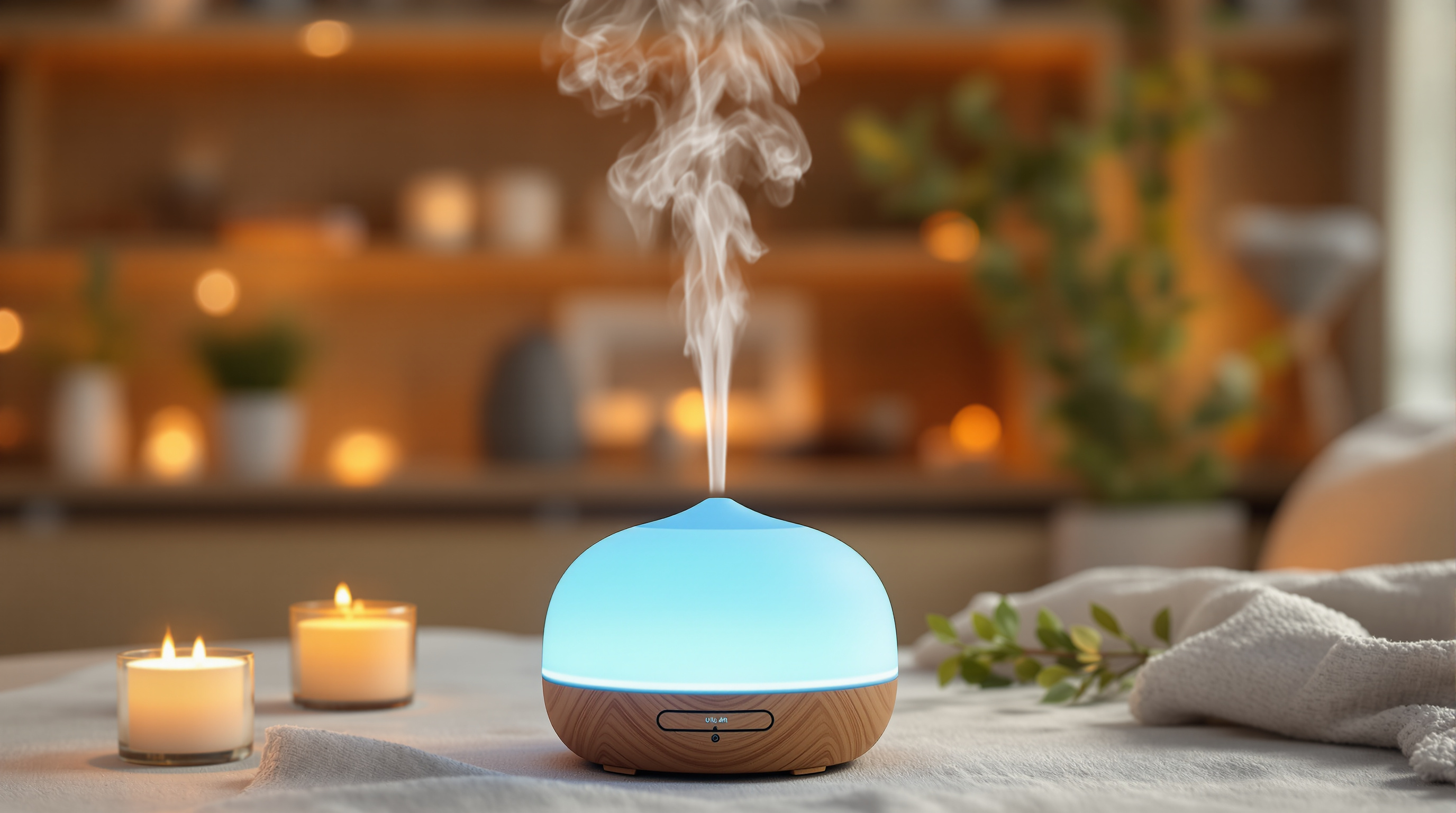 Gemütliche Abendszene mit Aromatherapie-Diffuser und sanftem Nebel bei warmem Licht