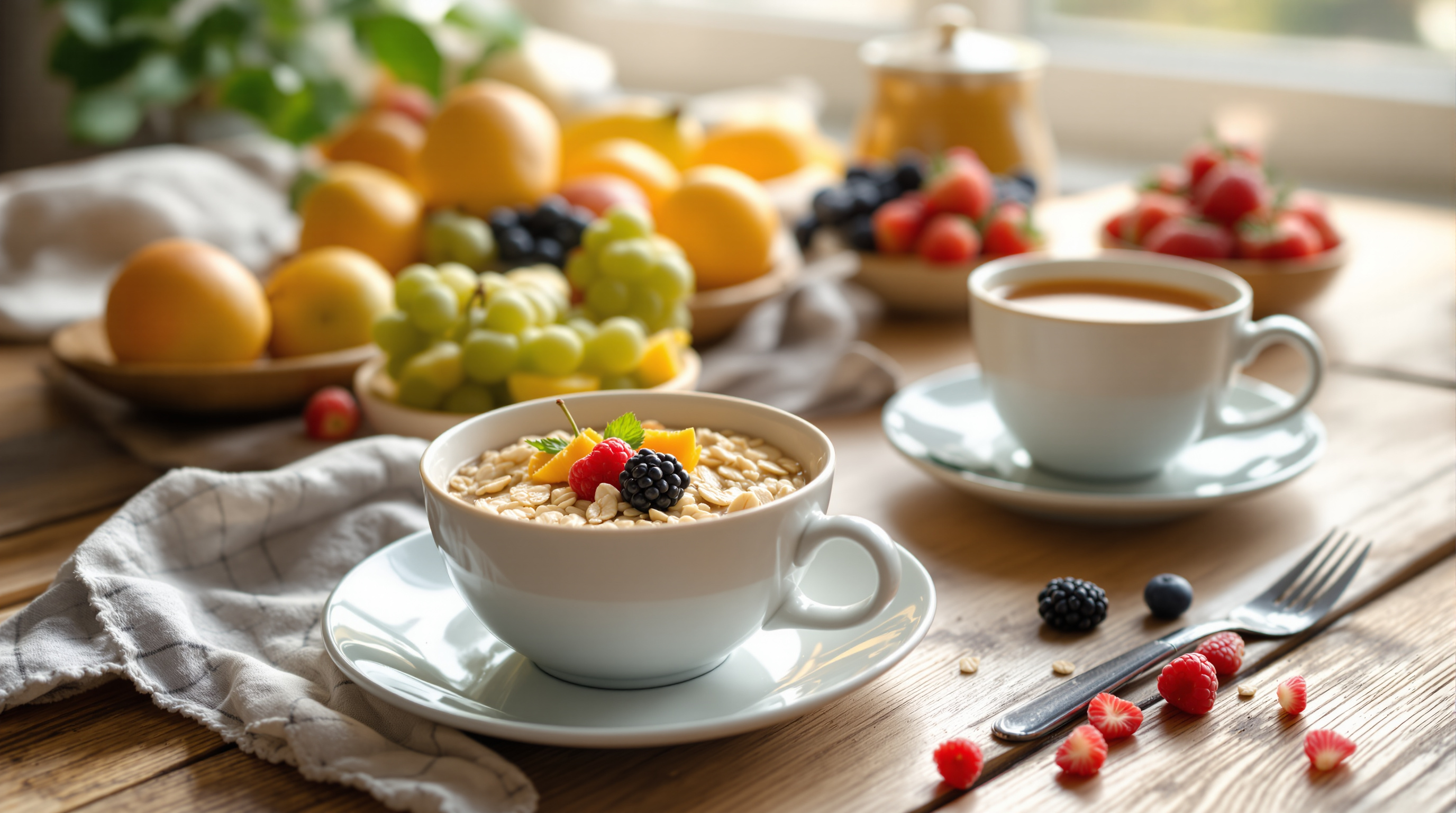Ausgewogenes Frühstück mit Haferflocken und Obst auf einem Holztisch im sanften Morgenlicht