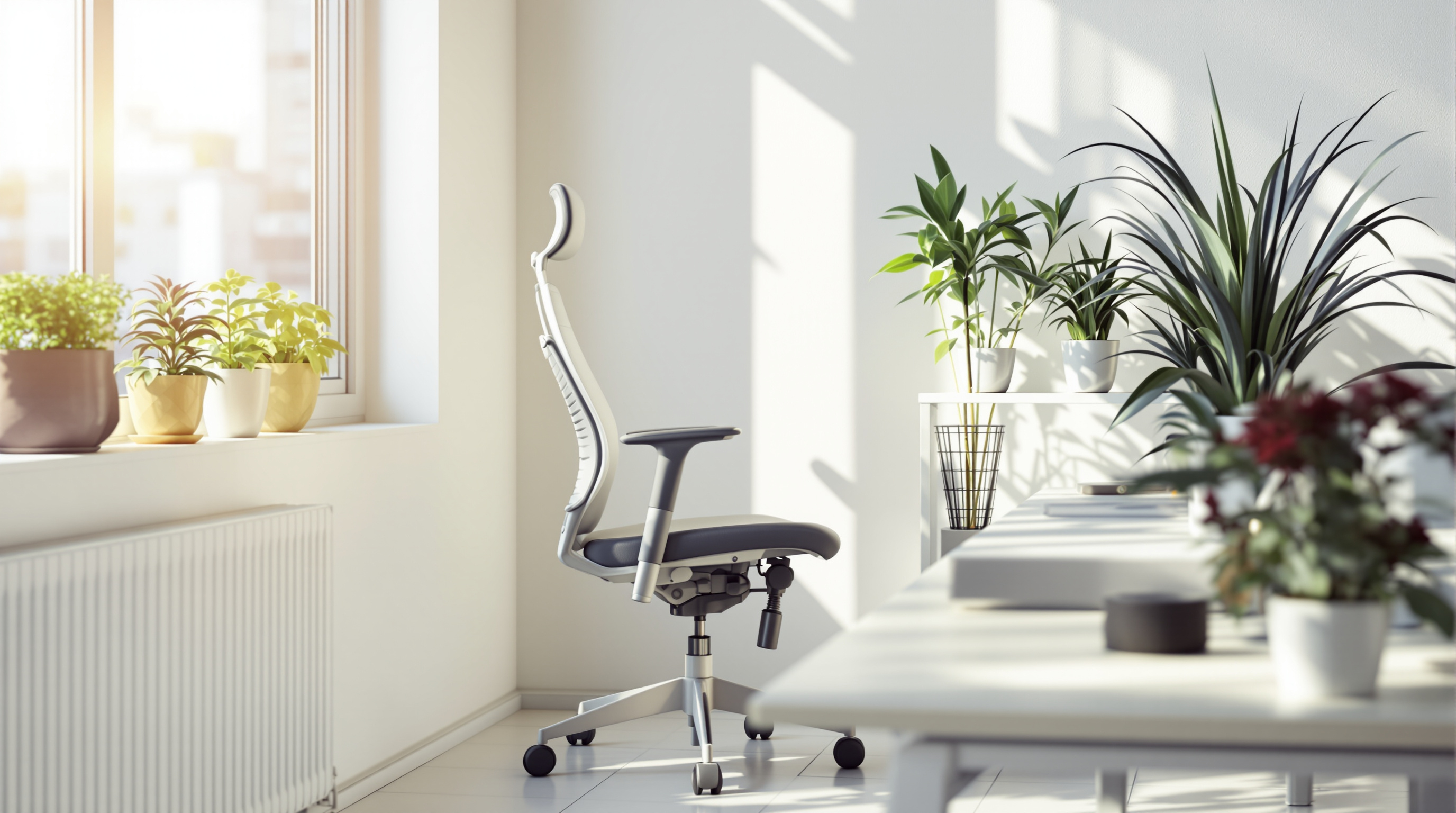 Heller moderner Arbeitsplatz mit ergonomischem Stuhl und Sonnenlicht, Pflanzen auf dem Schreibtisch