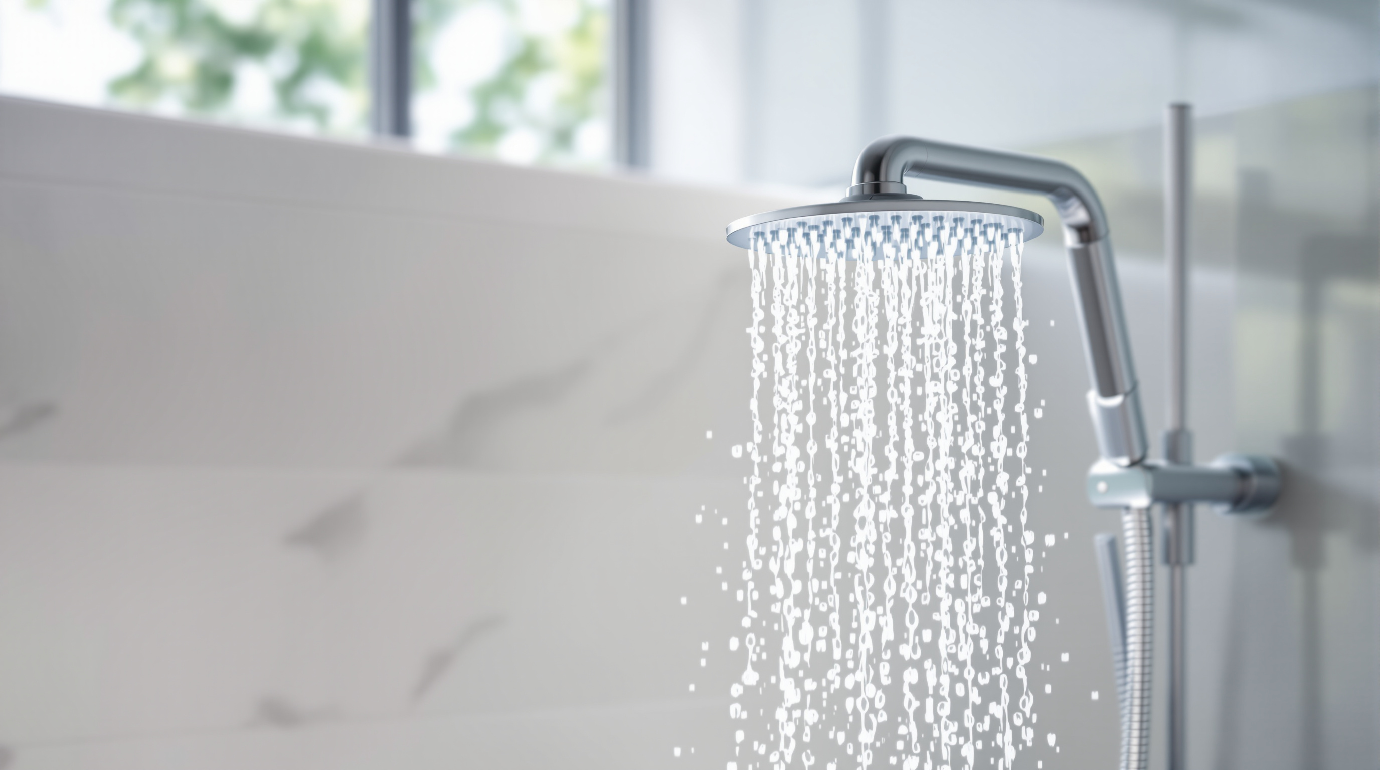 Moderner Duschkopf mit fließendem Wasser im natürlichen Tageslicht